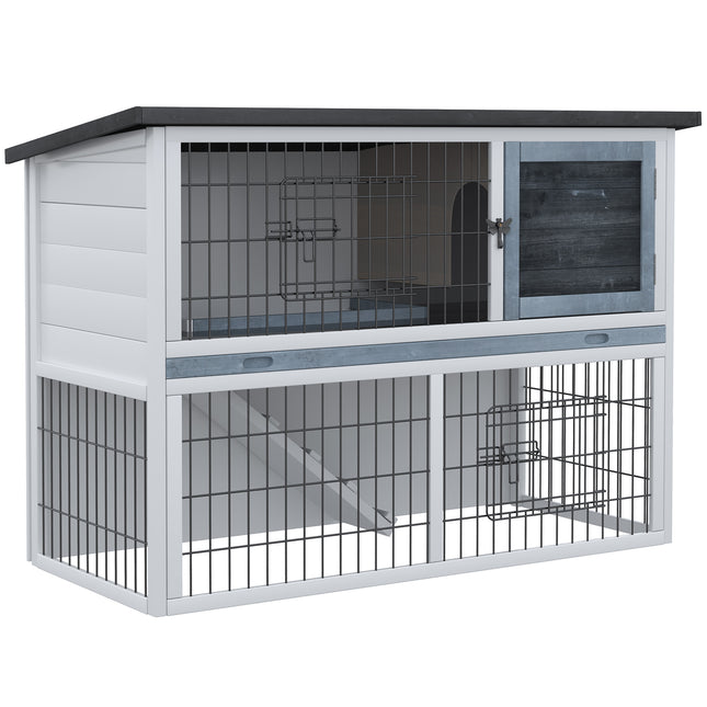 Two-Level Small Animal Fir Wood Hutch with Slide-Out Tray - Grey