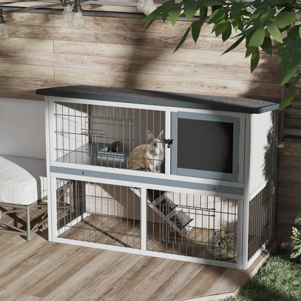 Two-Level Small Animal Fir Wood Hutch with Slide-Out Tray - Grey