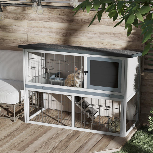 Two-Level Small Animal Fir Wood Hutch with Slide-Out Tray - Grey