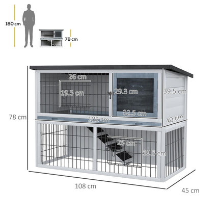 Two-Level Small Animal Fir Wood Hutch with Slide-Out Tray - Grey