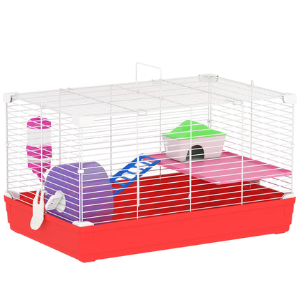 Dwarf Hamster Metal Cage with Tunnels, Exercise Wheel, Water Bottle & Dishes - Red and White