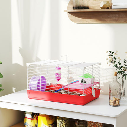 Dwarf Hamster Metal Cage with Tunnels, Exercise Wheel, Water Bottle & Dishes - Red and White
