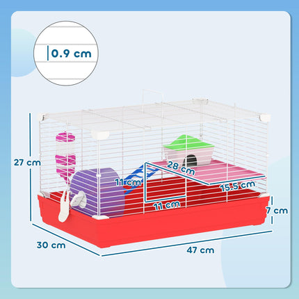 Dwarf Hamster Metal Cage with Tunnels, Exercise Wheel, Water Bottle & Dishes - Red and White