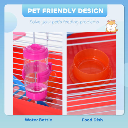 Dwarf Hamster Metal Cage with Tunnels, Exercise Wheel, Water Bottle & Dishes - Red and White