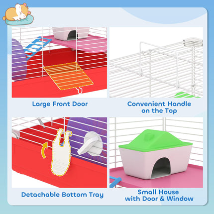Dwarf Hamster Metal Cage with Tunnels, Exercise Wheel, Water Bottle & Dishes - Red and White