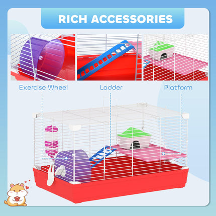 Dwarf Hamster Metal Cage with Tunnels, Exercise Wheel, Water Bottle & Dishes - Red and White