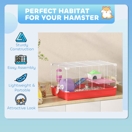 Dwarf Hamster Metal Cage with Tunnels, Exercise Wheel, Water Bottle & Dishes - Red and White
