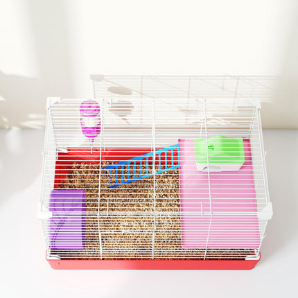 Dwarf Hamster Metal Cage with Tunnels, Exercise Wheel, Water Bottle & Dishes - Red and White