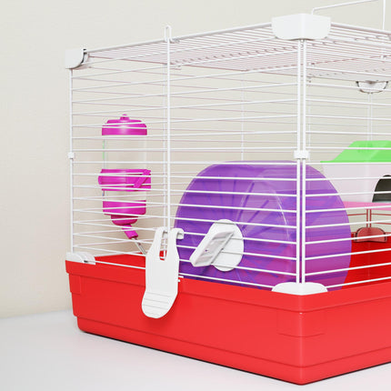 Dwarf Hamster Metal Cage with Tunnels, Exercise Wheel, Water Bottle & Dishes - Red and White