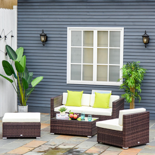 4 Seater Garden Rattan Sofa Set with Cushions - Brown