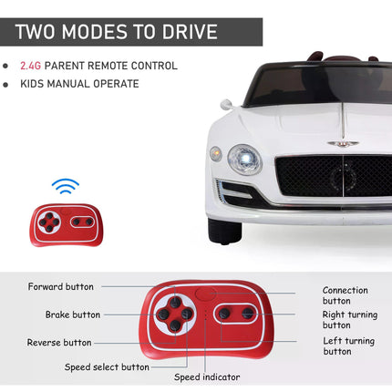 Bentley Licensed 12V Kids Electric Ride-On Car with LED Lights & MP3 Player - White