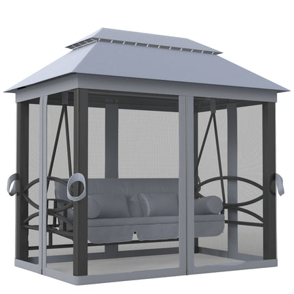 3 Seater Swing Chair Hammock with Double Tier Canopy and Cushioned Seat - Grey