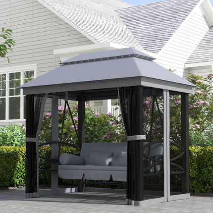 3 Seater Swing Chair Hammock with Double Tier Canopy and Cushioned Seat - Grey