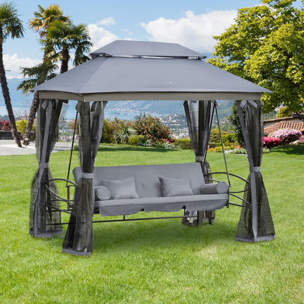 3 Seater Swing Chair Hammock with Double Tier Canopy and Cushioned Seat - Grey