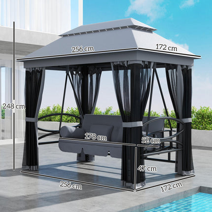 3 Seater Swing Chair Hammock with Double Tier Canopy and Cushioned Seat - Grey