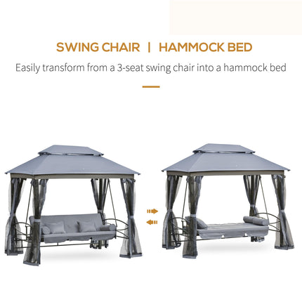 3 Seater Swing Chair Hammock with Double Tier Canopy and Cushioned Seat - Grey