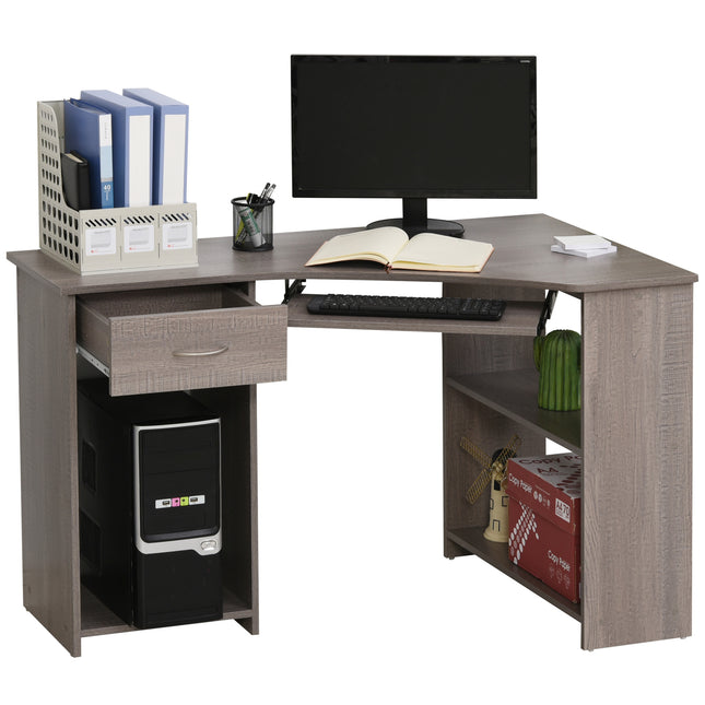 L-Shaped Corner Computer Desk with Shelves, Keyboard Tray, Drawer & CPU Stand - Grey