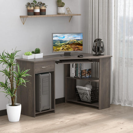 L-Shaped Corner Computer Desk with Shelves, Keyboard Tray, Drawer & CPU Stand - Grey