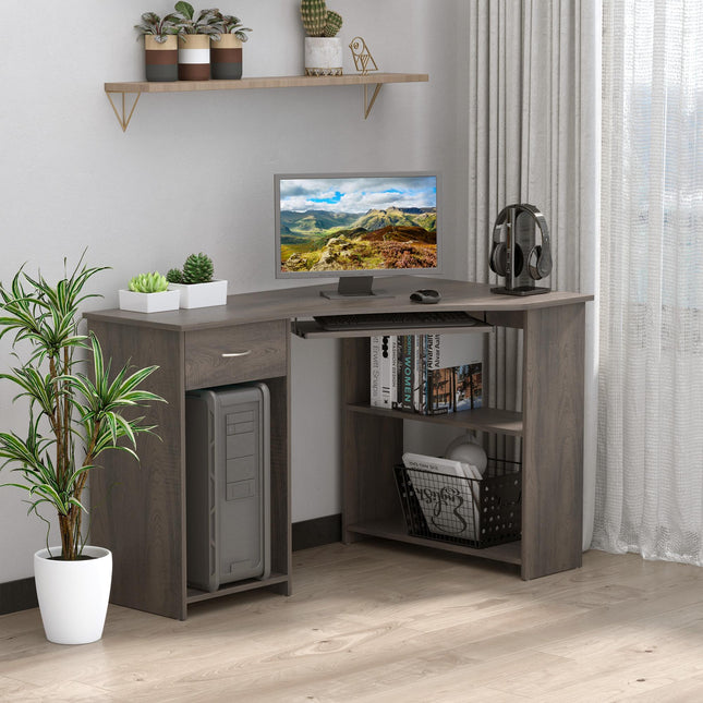 L-Shaped Corner Computer Desk with Shelves, Keyboard Tray, Drawer & CPU Stand - Grey