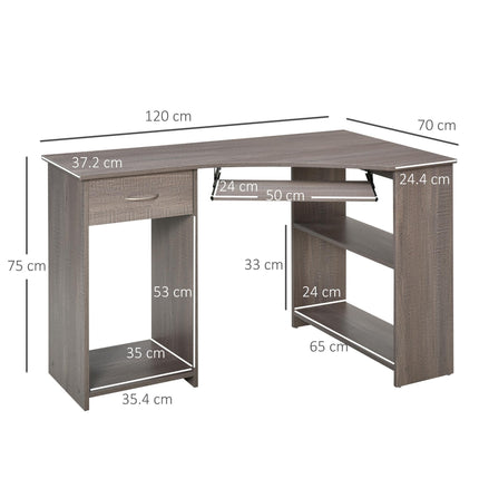 L-Shaped Corner Computer Desk with Shelves, Keyboard Tray, Drawer & CPU Stand - Grey