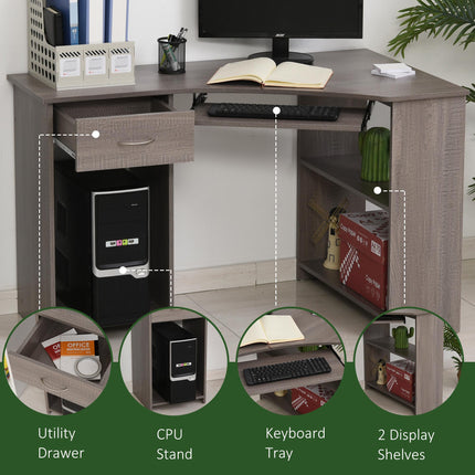 L-Shaped Corner Computer Desk with Shelves, Keyboard Tray, Drawer & CPU Stand - Grey