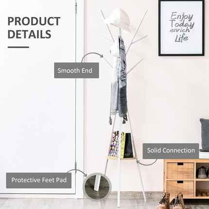 180cm Free Standing Metal Coat Rack with 9 Hooks and Shelf for Hallway Living Room - White