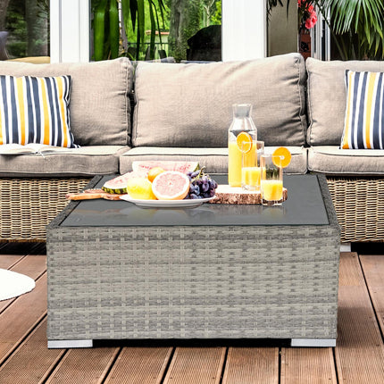 Rattan Wicker Patio Coffee Table with Tempered Glass Top 65x65 cm - Grey