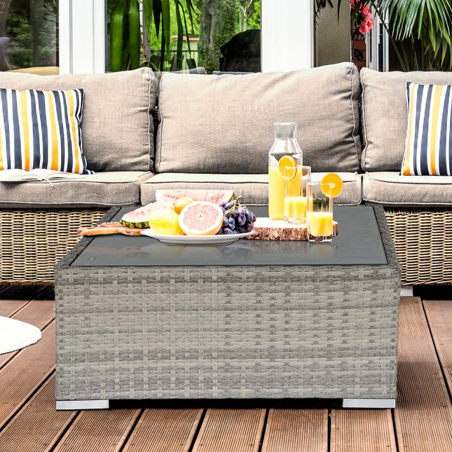 Rattan Wicker Patio Coffee Table with Tempered Glass Top 65x65 cm - Grey