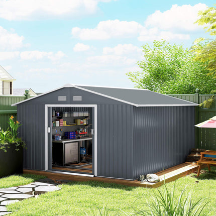 13 x 11ft Steel Outdoor Garden Shed with Foundation and Ventilation - Grey