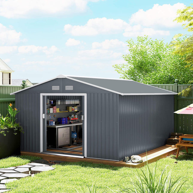 13 x 11ft Steel Outdoor Garden Shed with Foundation and Ventilation - Grey