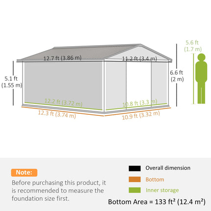 13 x 11ft Steel Outdoor Garden Shed with Foundation and Ventilation - Grey