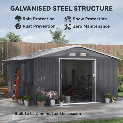 13 x 11ft Steel Outdoor Garden Shed with Foundation and Ventilation - Grey