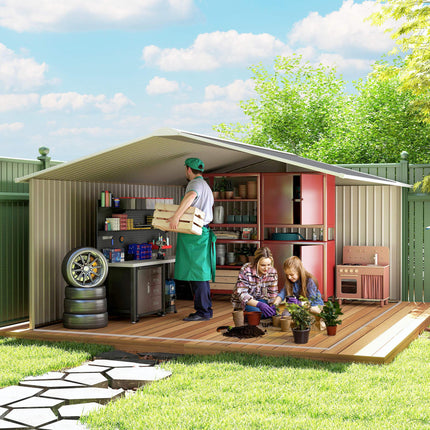 13 x 11ft Steel Outdoor Garden Shed with Foundation and Ventilation - Grey