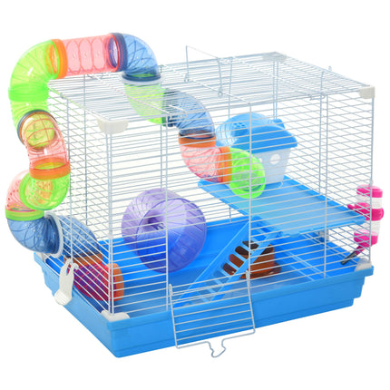 Pawhut 2 Tier Small Animal Hamster Cage with Exercise Wheel, Tunnel, Water Bottle & Accessories - Blue