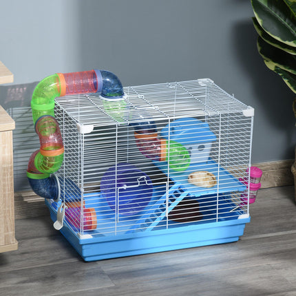 Pawhut 2 Tier Small Animal Hamster Cage with Exercise Wheel, Tunnel, Water Bottle & Accessories - Blue