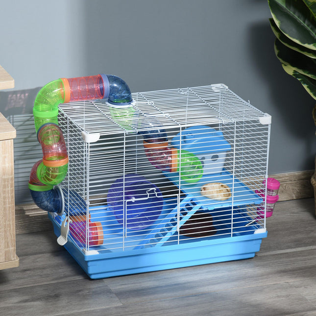 Pawhut 2 Tier Small Animal Hamster Cage with Exercise Wheel, Tunnel, Water Bottle & Accessories - Blue