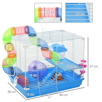 Pawhut 2 Tier Small Animal Hamster Cage with Exercise Wheel, Tunnel, Water Bottle & Accessories - Blue