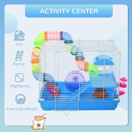 Pawhut 2 Tier Small Animal Hamster Cage with Exercise Wheel, Tunnel, Water Bottle & Accessories - Blue