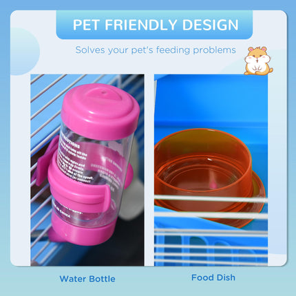 Pawhut 2 Tier Small Animal Hamster Cage with Exercise Wheel, Tunnel, Water Bottle & Accessories - Blue