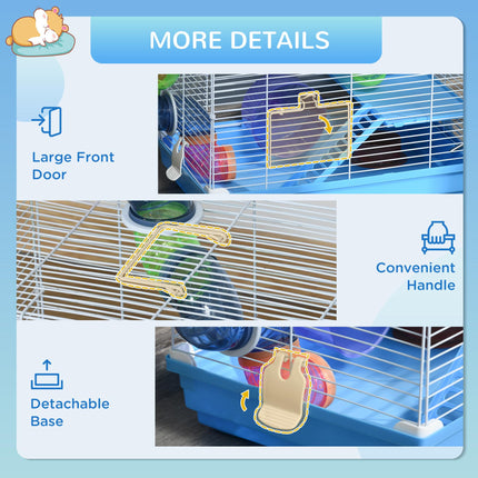 Pawhut 2 Tier Small Animal Hamster Cage with Exercise Wheel, Tunnel, Water Bottle & Accessories - Blue