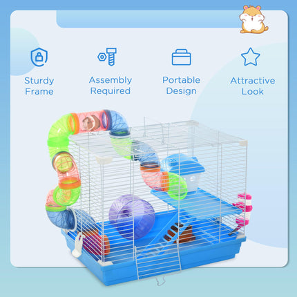 Pawhut 2 Tier Small Animal Hamster Cage with Exercise Wheel, Tunnel, Water Bottle & Accessories - Blue