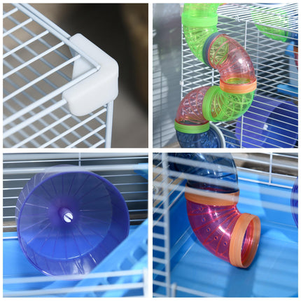 Pawhut 2 Tier Small Animal Hamster Cage with Exercise Wheel, Tunnel, Water Bottle & Accessories - Blue