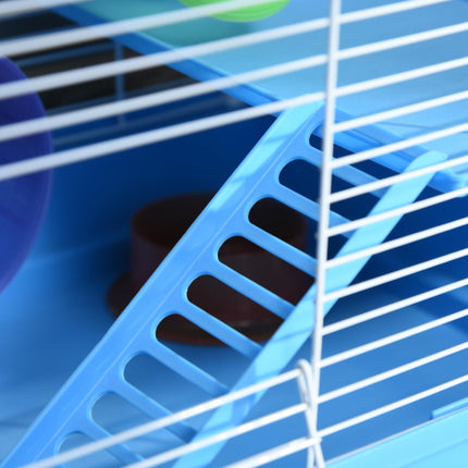 Pawhut 2 Tier Small Animal Hamster Cage with Exercise Wheel, Tunnel, Water Bottle & Accessories - Blue