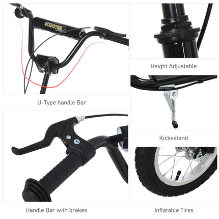 Teen Kids Stunt Scooter with Adjustable Handlebar, 12 Inch Rubber Tyres, Dual Brakes - Black