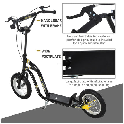 Teen Kids Stunt Scooter with Adjustable Handlebar, 12 Inch Rubber Tyres, Dual Brakes - Black
