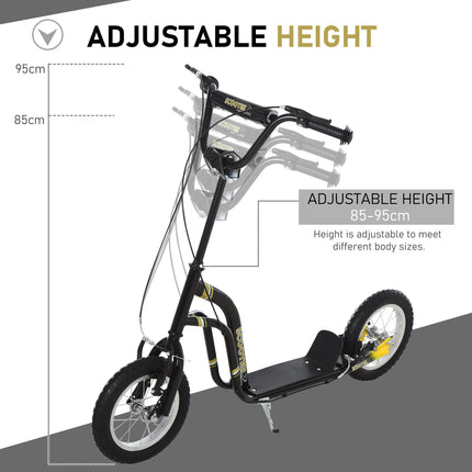 Teen Kids Stunt Scooter with Adjustable Handlebar, 12 Inch Rubber Tyres, Dual Brakes - Black