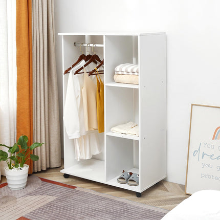 Open Wardrobe with Hanging Rail, Storage Shelves & Wheels 128x80x40 cm - White