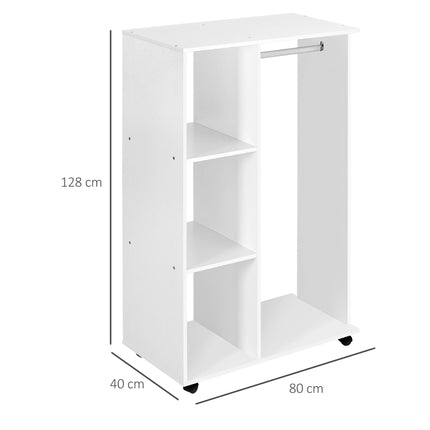 Open Wardrobe with Hanging Rail, Storage Shelves & Wheels 128x80x40 cm - White