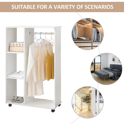 Open Wardrobe with Hanging Rail, Storage Shelves & Wheels 128x80x40 cm - White