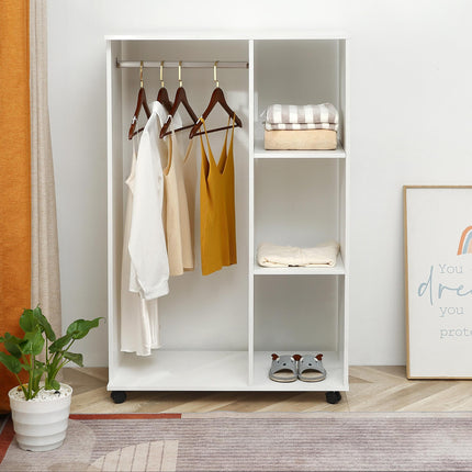 Open Wardrobe with Hanging Rail, Storage Shelves & Wheels 128x80x40 cm - White